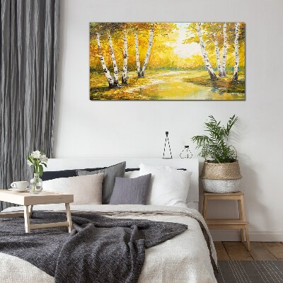 Golden autumn among the birches Wall art on glass