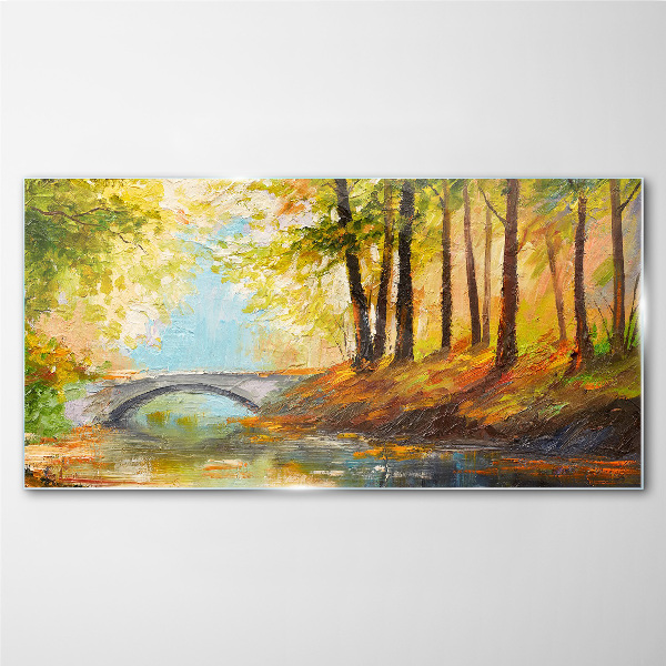 Bridge in the autumn forest Glass art print