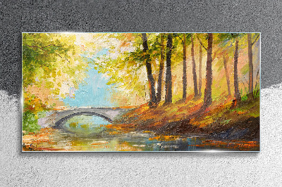 Bridge in the autumn forest Glass art print