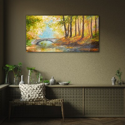 Bridge in the autumn forest Glass art print