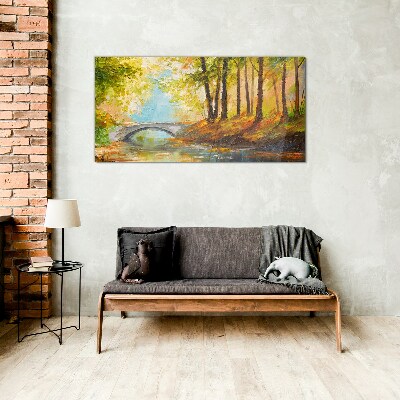 Bridge in the autumn forest Glass art print