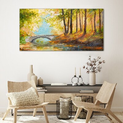 Bridge in the autumn forest Glass art print
