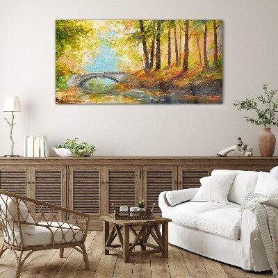 Bridge in the autumn forest Glass art print