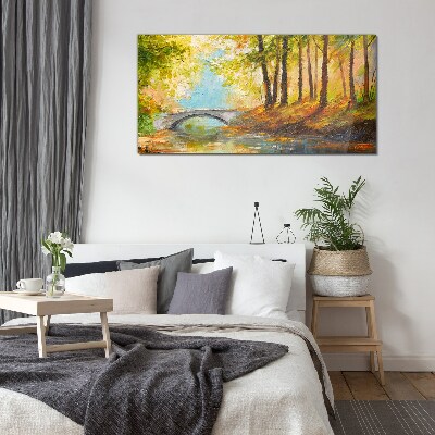 Bridge in the autumn forest Glass art print