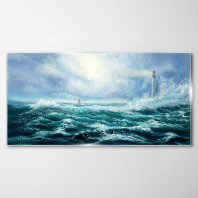 The storm waves lighthouse Glass Wall Art