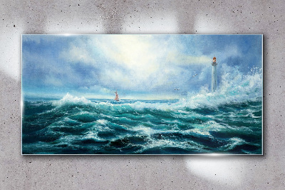 The storm waves lighthouse Glass Wall Art