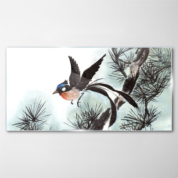 A bird in flight over the pines Wall art on glass