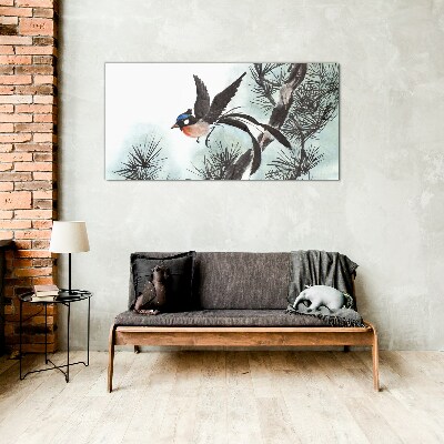 A bird in flight over the pines Wall art on glass