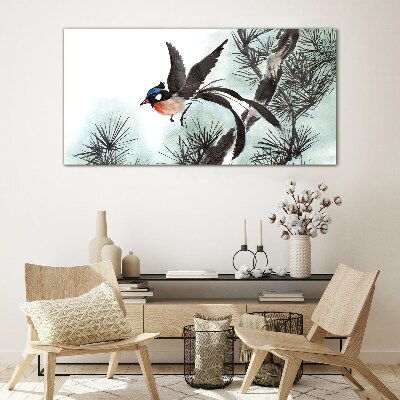 A bird in flight over the pines Wall art on glass