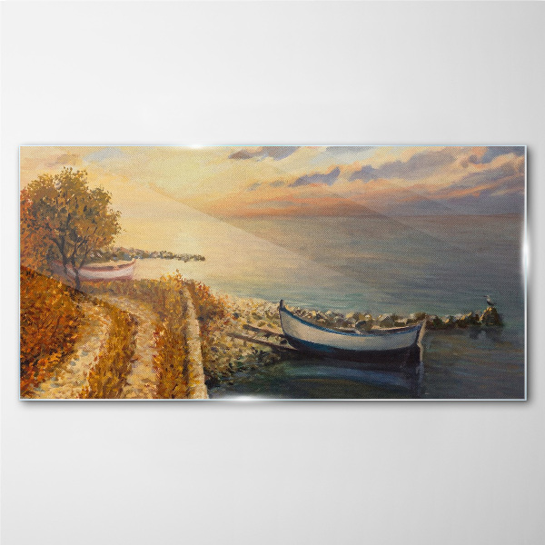 A quiet port in the setting sun Wall art on glass