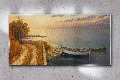 A quiet port in the setting sun Wall art on glass