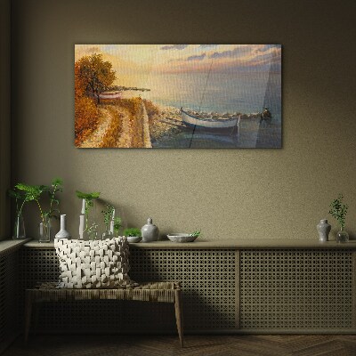 A quiet port in the setting sun Wall art on glass