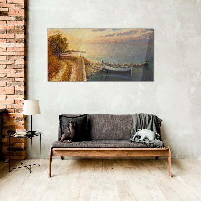 A quiet port in the setting sun Wall art on glass