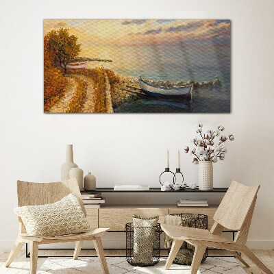 A quiet port in the setting sun Wall art on glass