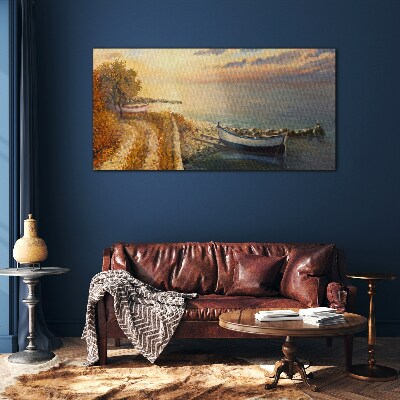 A quiet port in the setting sun Wall art on glass