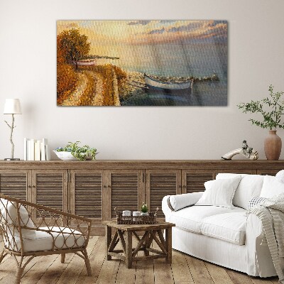 A quiet port in the setting sun Wall art on glass