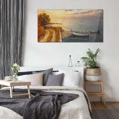 A quiet port in the setting sun Wall art on glass