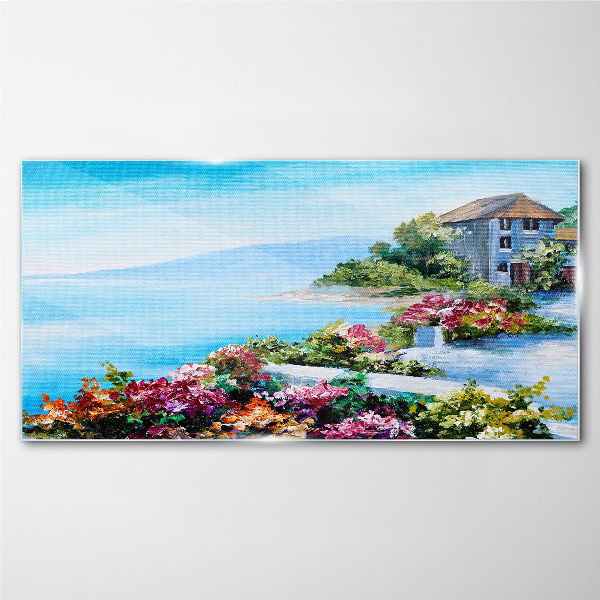 Seaside landscape with flowers Wall art on glass