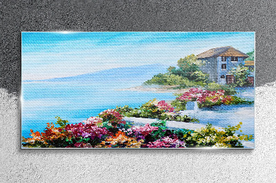 Seaside landscape with flowers Wall art on glass
