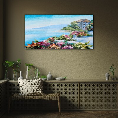 Seaside landscape with flowers Wall art on glass