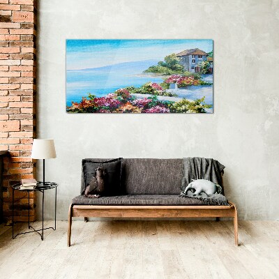 Seaside landscape with flowers Wall art on glass