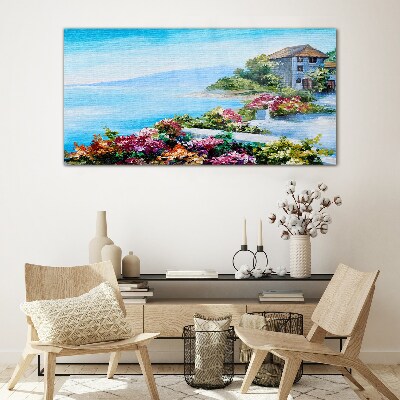 Seaside landscape with flowers Wall art on glass
