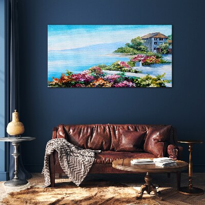 Seaside landscape with flowers Wall art on glass