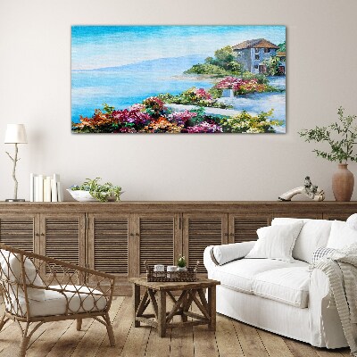 Seaside landscape with flowers Wall art on glass
