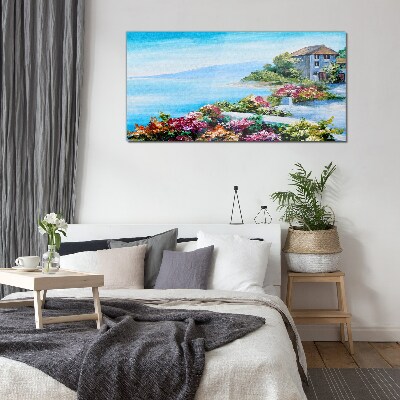 Seaside landscape with flowers Wall art on glass
