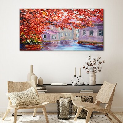 Autumn reflections on the water Glass art print