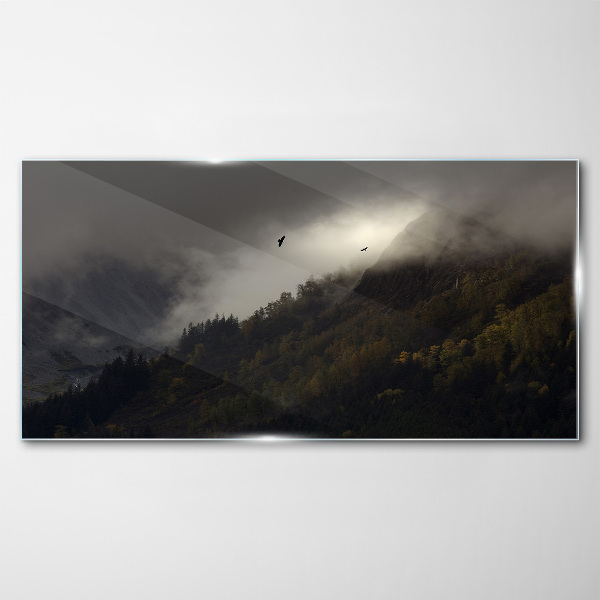 Misty mountain panorama with birds Glass art print