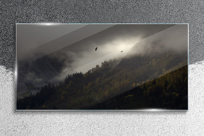 Misty mountain panorama with birds Glass art print