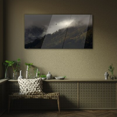 Misty mountain panorama with birds Glass art print
