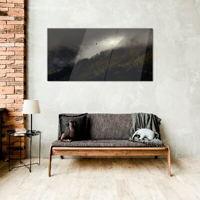 Misty mountain panorama with birds Glass art print