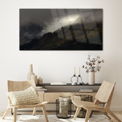 Misty mountain panorama with birds Glass art print