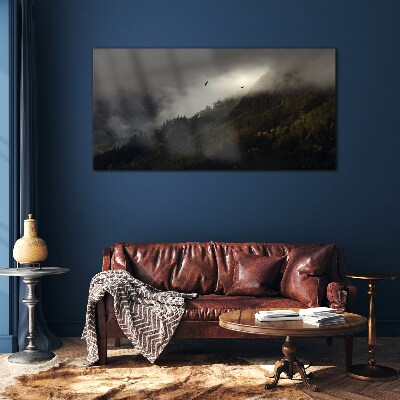 Misty mountain panorama with birds Glass art print