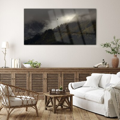 Misty mountain panorama with birds Glass art print