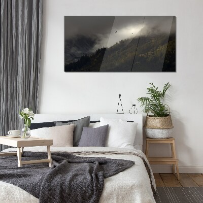 Misty mountain panorama with birds Glass art print