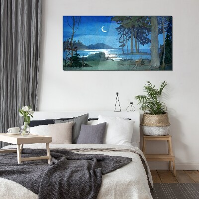Night landscape over the water Glass art print