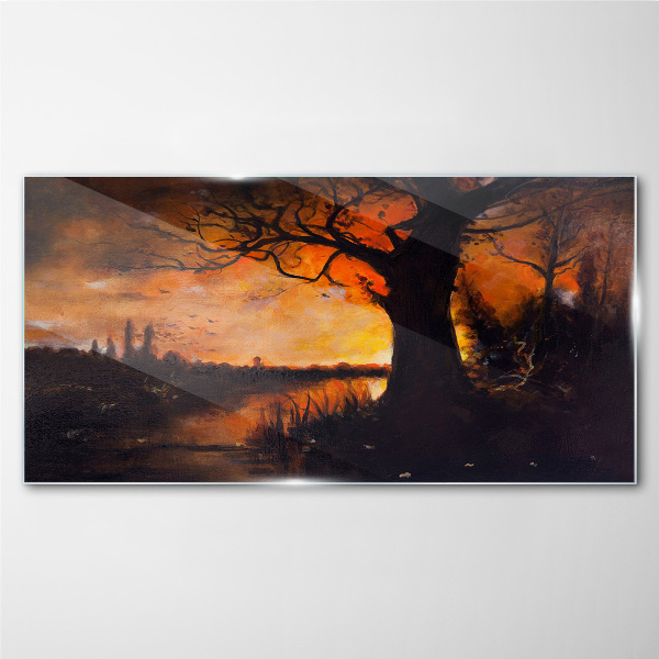 Golden hour at the lake Glass art print