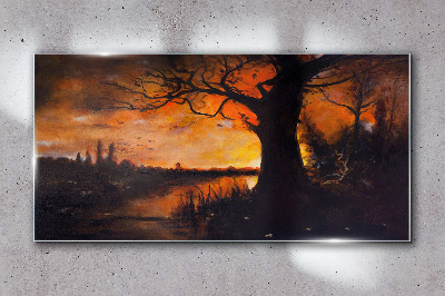 Golden hour at the lake Glass art print