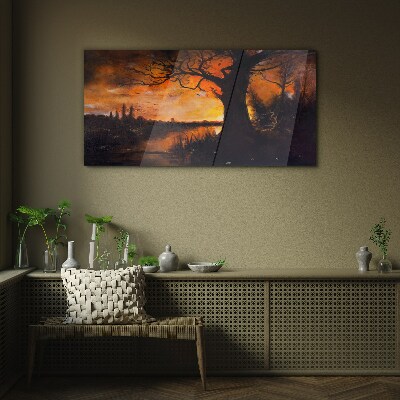 Golden hour at the lake Glass art print