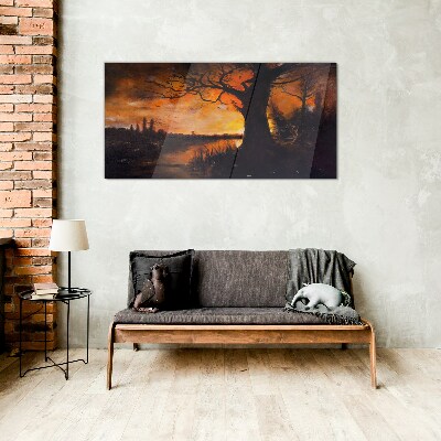 Golden hour at the lake Glass art print