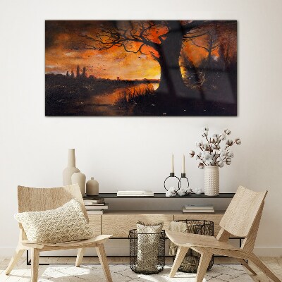 Golden hour at the lake Glass art print
