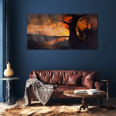 Golden hour at the lake Glass art print