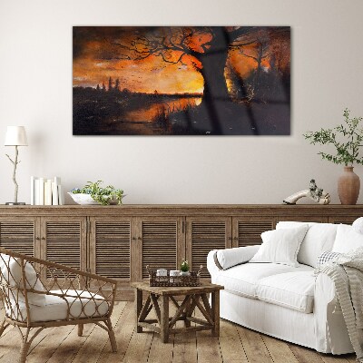 Golden hour at the lake Glass art print