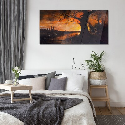 Golden hour at the lake Glass art print