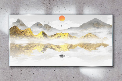 Golden mountains in the morning light Wall art on glass