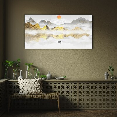 Golden mountains in the morning light Wall art on glass