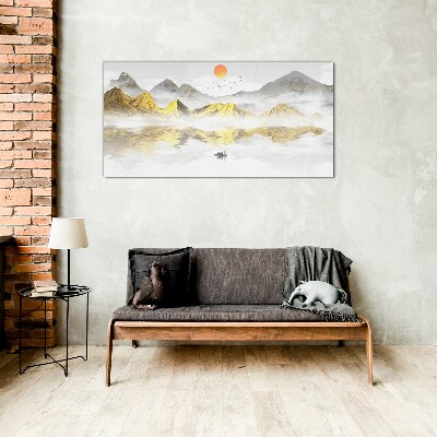 Golden mountains in the morning light Wall art on glass